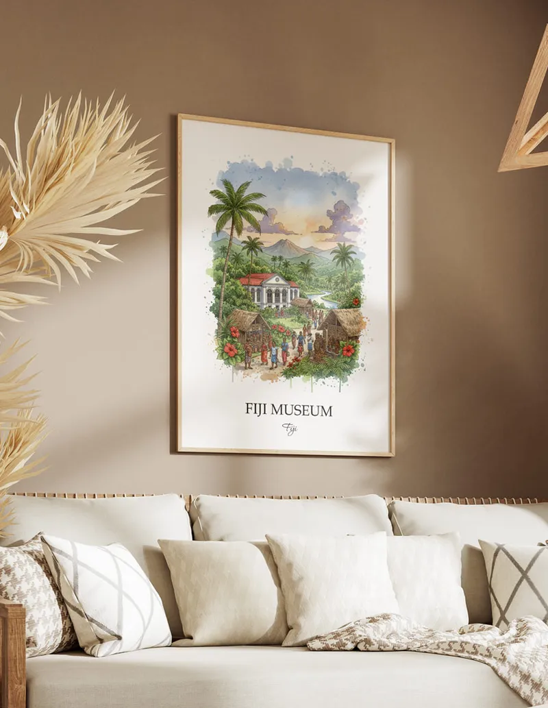 A lovely interior preview showcasing a vintage-vibe travel poster design of the scenic Fiji Museum in Fiji.