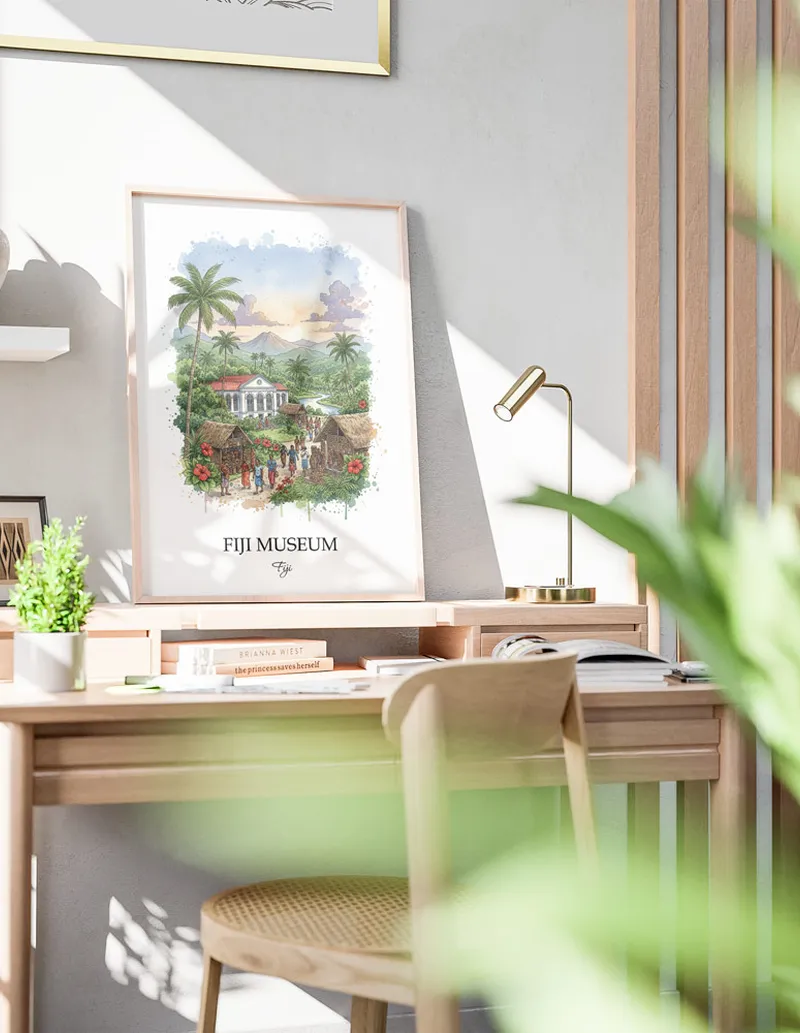 Framed wall art featuring Fiji Museum, Fiji in a light wood frame hanging above a sofa in a modern living room.