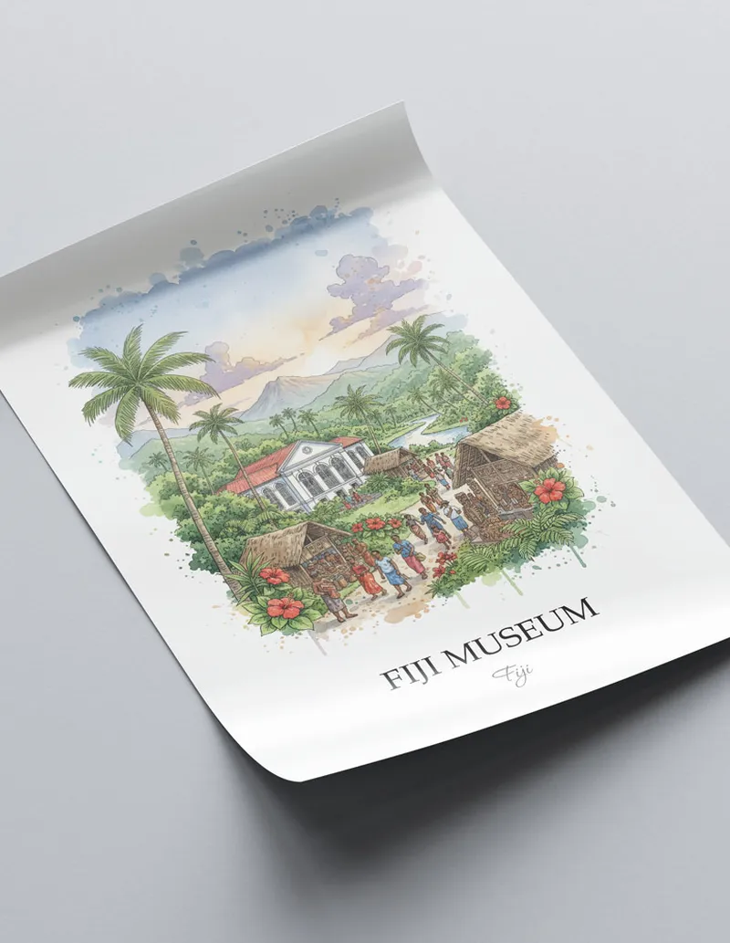 A gorgeous boho-inspired living space with a framed vintage travel poster of Fiji Museum in Fiji on display.