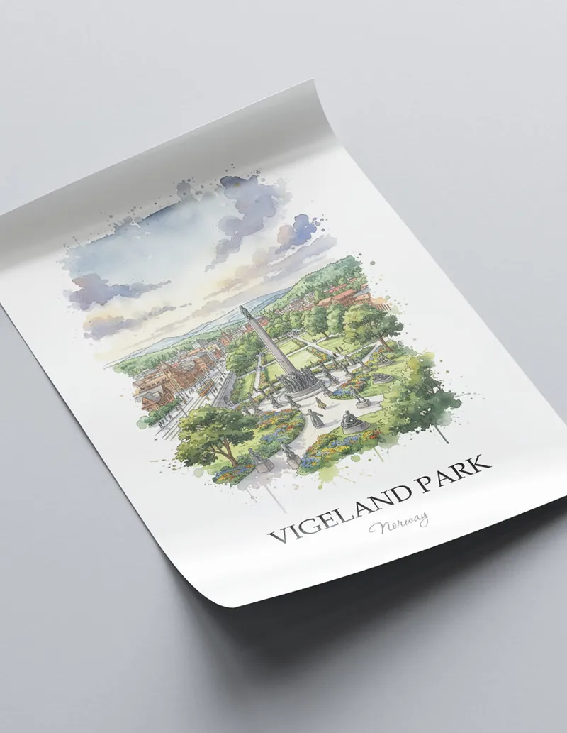 A close-up of a high-quality paper print featuring the Vigeland Park in Norway minimalist design.