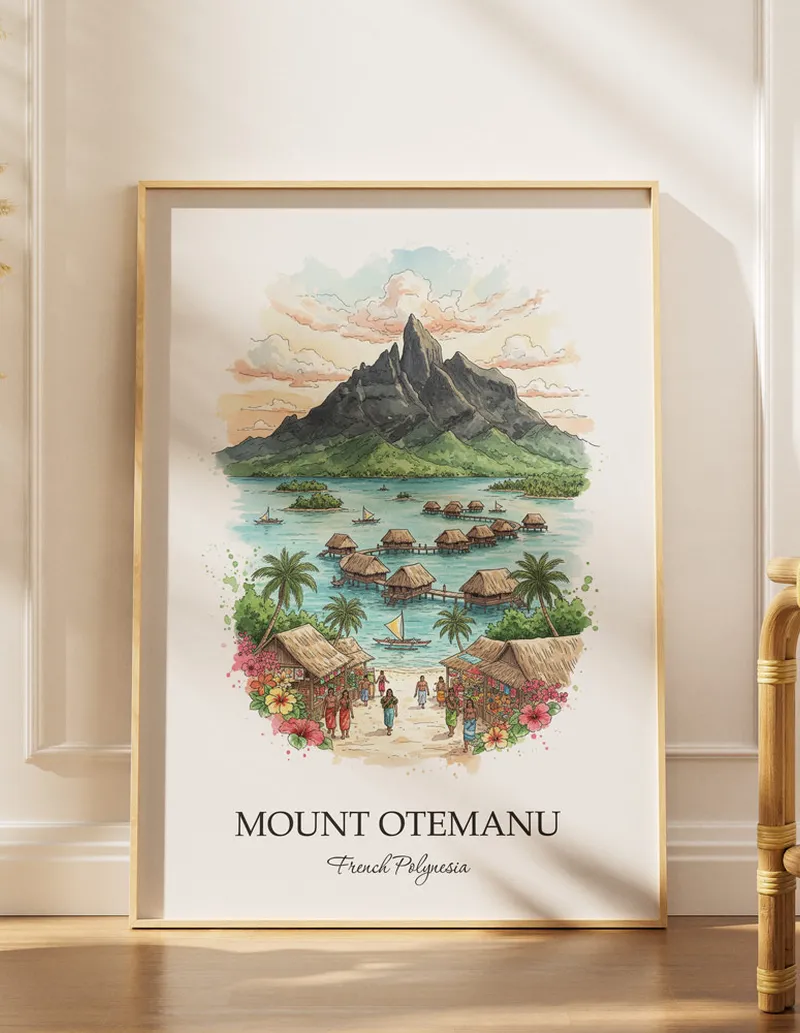 Cozy, well-lit workspace with a minimalist poster of Mount Otemanu, French Polynesia in a light frame sitting on the desk.