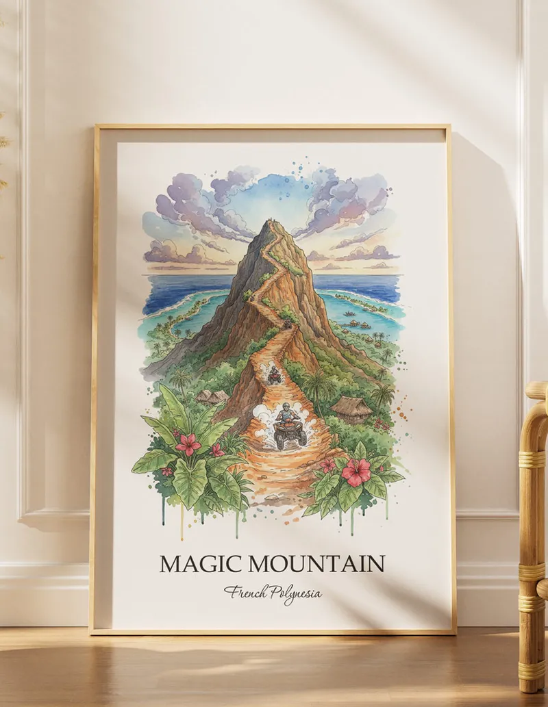 Cozy, well-lit workspace with a minimalist poster of Magic Mountain, French Polynesia in a light frame sitting on the desk.