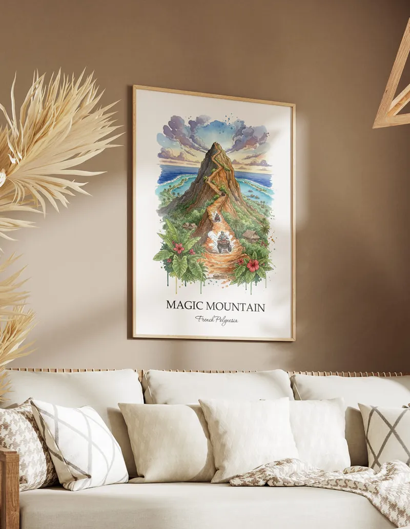 A lovely interior preview showcasing a vintage-vibe travel poster design of the scenic Magic Mountain in French Polynesia.