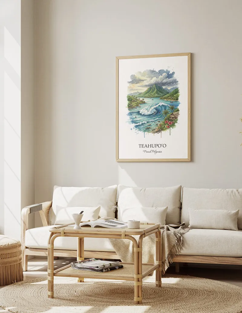 Minimalist poster of Teahupo'o in French Polynesia in a light frame standing on the floor in a dark moody interior.