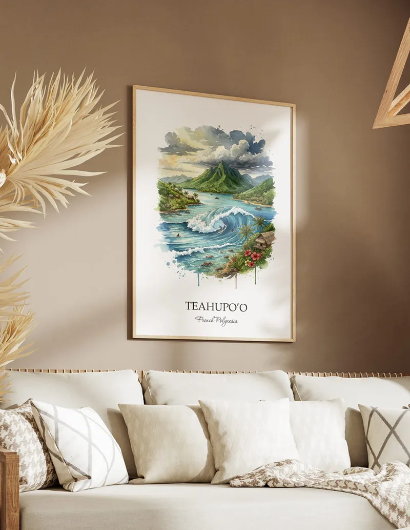 A lovely interior preview showcasing a vintage-vibe travel poster design of the scenic Teahupo'o in French Polynesia.