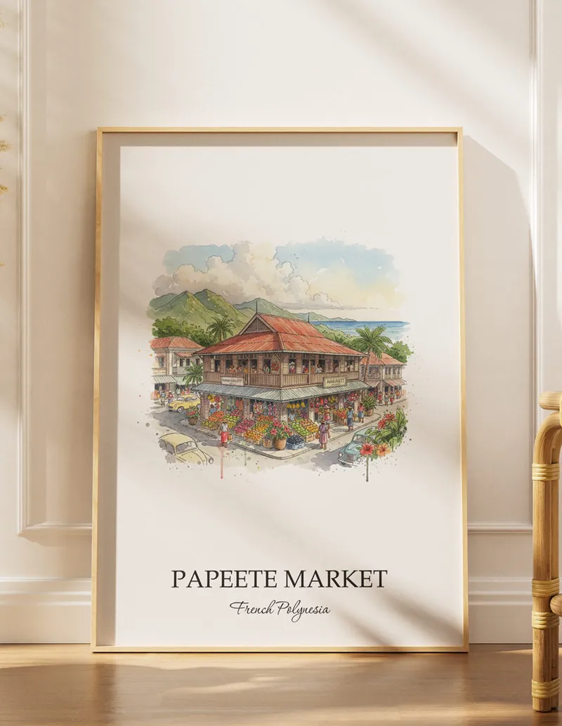 Cozy, well-lit workspace with a minimalist poster of Papeete Market, French Polynesia in a light frame sitting on the desk.