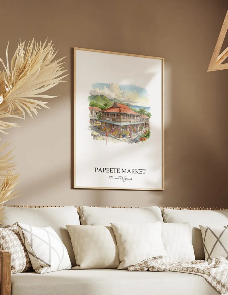 A lovely interior preview showcasing a vintage-vibe travel poster design of the scenic Papeete Market in French Polynesia.