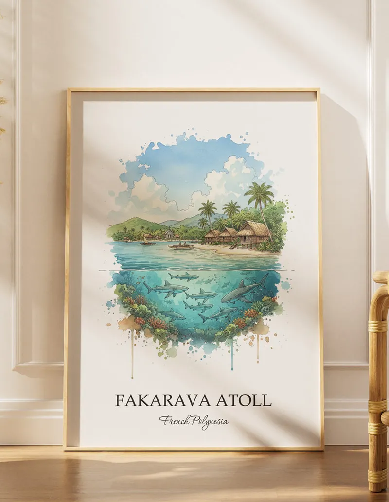 Cozy, well-lit workspace with a minimalist poster of Fakarava Atoll, French Polynesia in a light frame sitting on the desk.