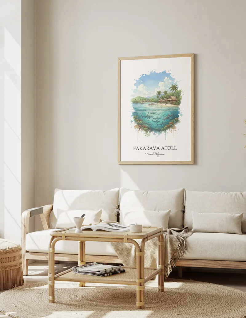 Minimalist poster of Fakarava Atoll in French Polynesia in a light frame standing on the floor in a dark moody interior.