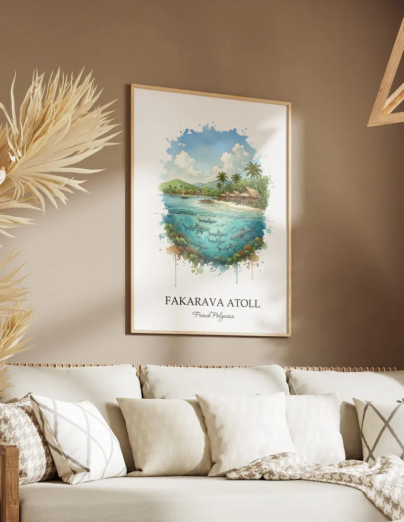 A lovely interior preview showcasing a vintage-vibe travel poster design of the scenic Fakarava Atoll in French Polynesia.