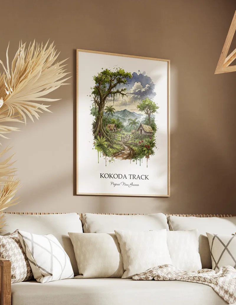A lovely interior preview showcasing a vintage-vibe travel poster design of the scenic Kokoda Track in Papua New Guinea.