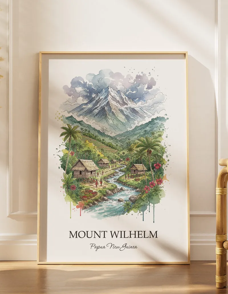 Cozy, well-lit workspace with a minimalist poster of Mount Wilhelm, Papua New Guinea in a light frame sitting on the desk.