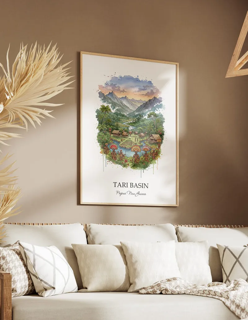 A lovely interior preview showcasing a vintage-vibe travel poster design of the scenic Tari Basin in Papua New Guinea.