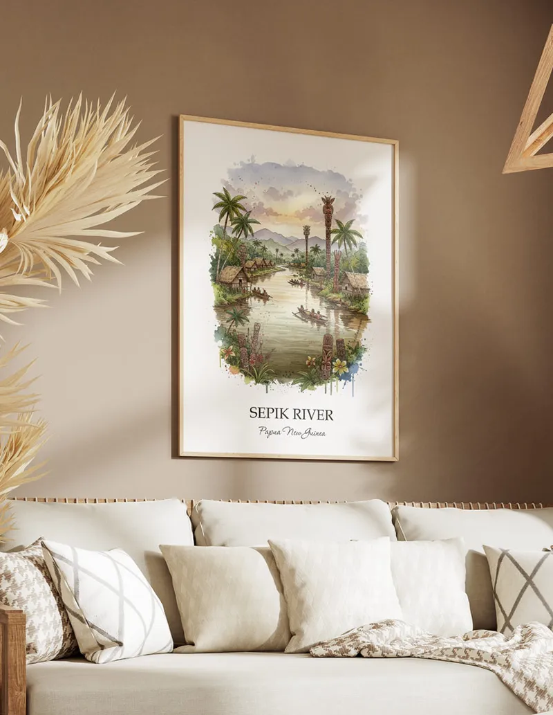 A lovely interior preview showcasing a vintage-vibe travel poster design of the scenic Sepik River in Papua New Guinea.
