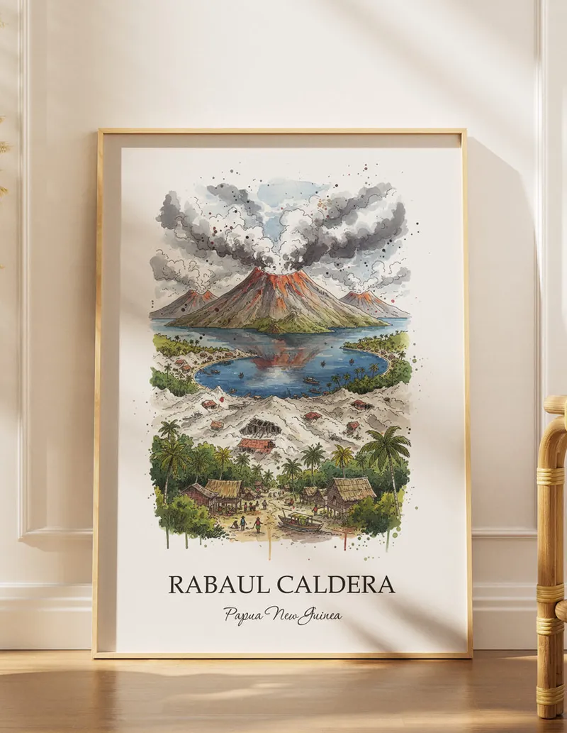 Cozy, well-lit workspace with a minimalist poster of Rabaul Caldera, Papua New Guinea in a light frame sitting on the desk.