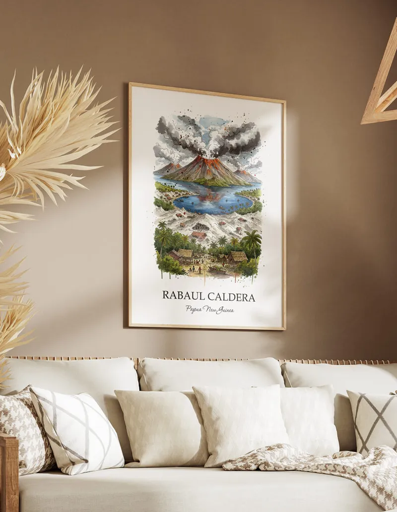 A lovely interior preview showcasing a vintage-vibe travel poster design of the scenic Rabaul Caldera in Papua New Guinea.