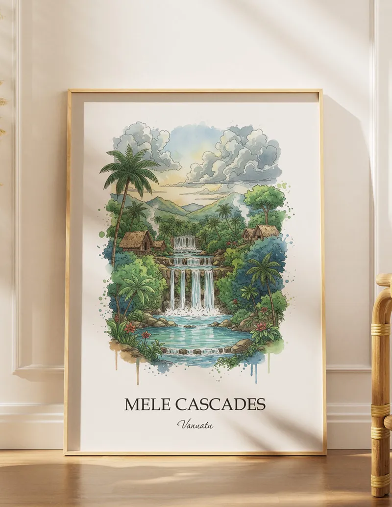 Cozy, well-lit workspace with a minimalist poster of Mele Cascades, Vanuatu in a light frame sitting on the desk.