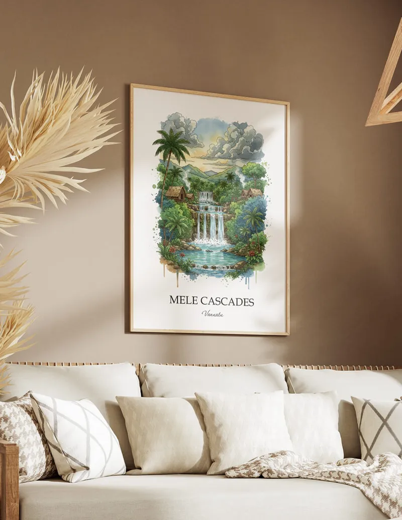 A lovely interior preview showcasing a vintage-vibe travel poster design of the scenic Mele Cascades in Vanuatu.