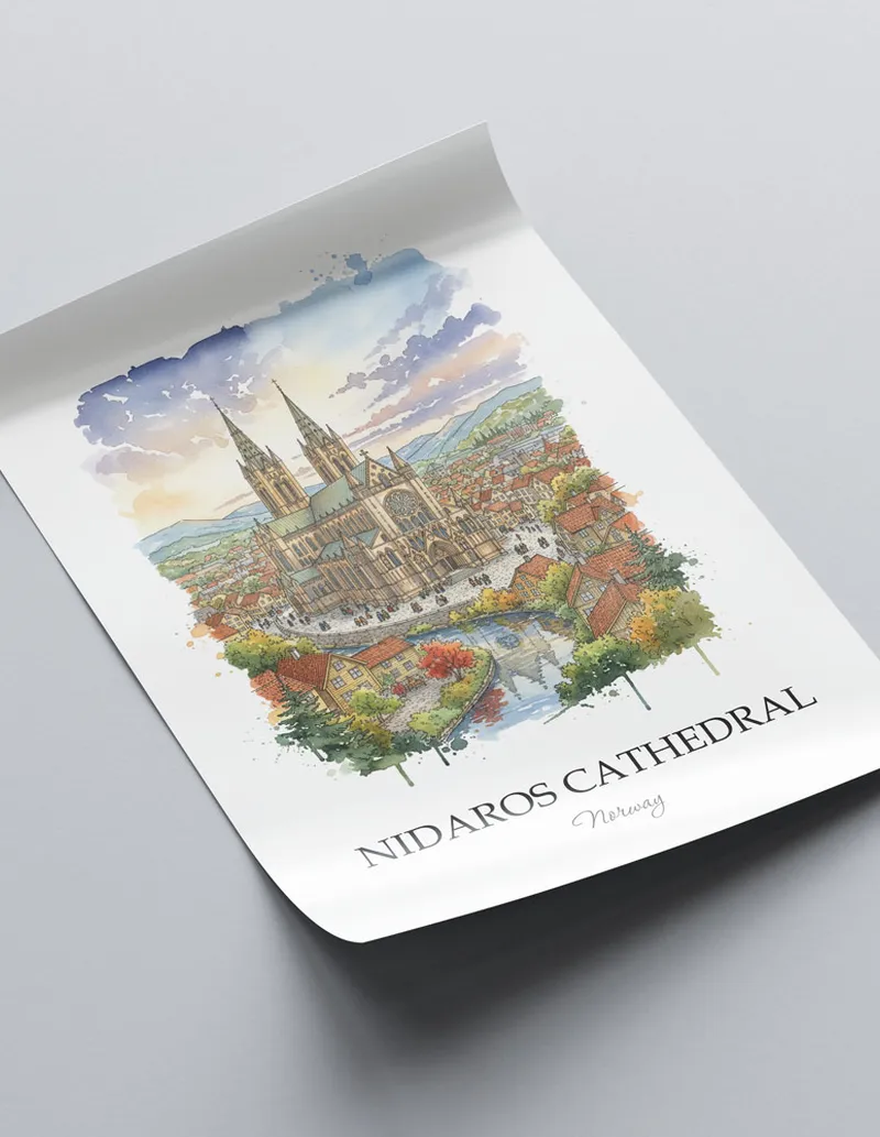 A close-up of a high-quality paper print featuring the Nidaros Cathedral in Norway minimalist design.