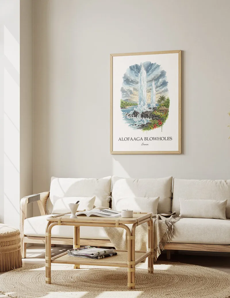 Minimalist poster of Alofaaga Blowholes in Samoa in a light frame standing on the floor in a dark moody interior.
