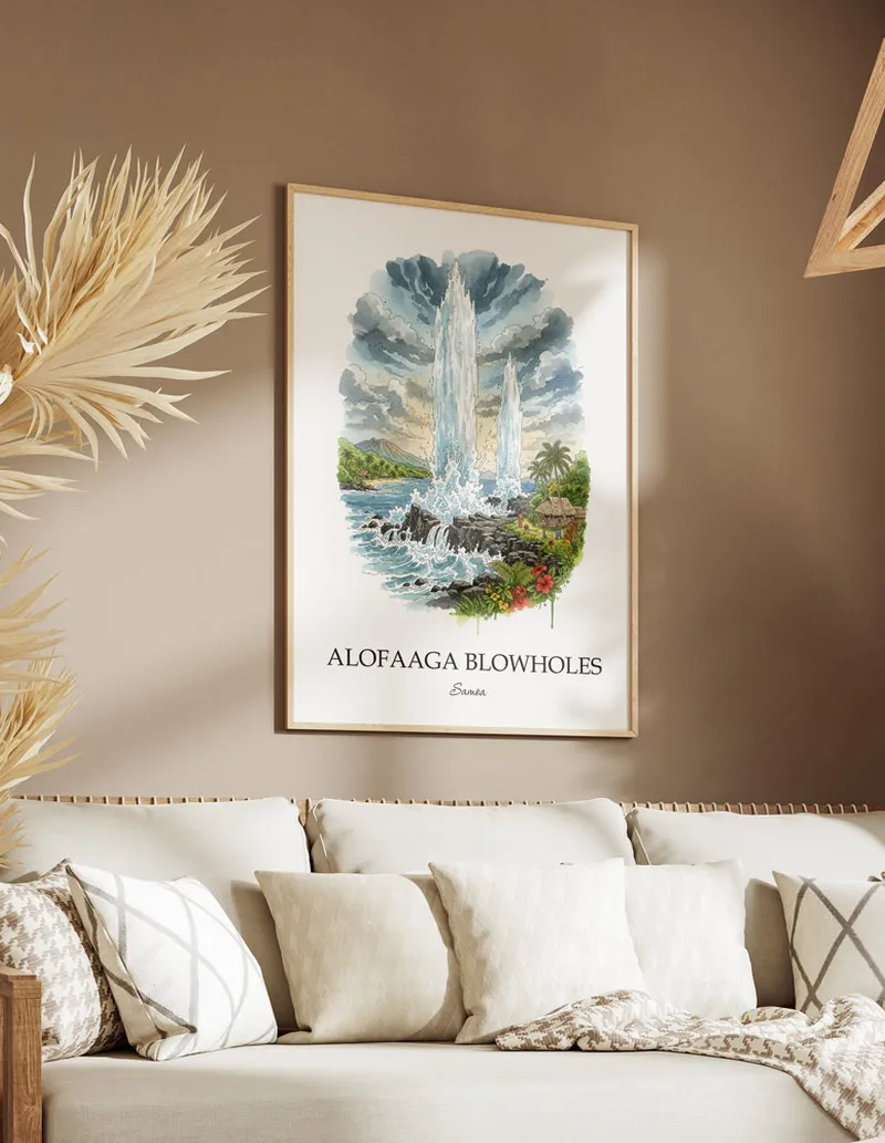 A lovely interior preview showcasing a vintage-vibe travel poster design of the scenic Alofaaga Blowholes in Samoa.