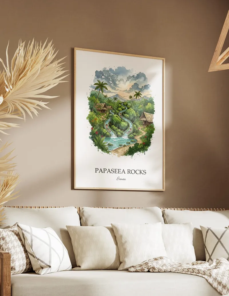 A lovely interior preview showcasing a vintage-vibe travel poster design of the scenic Papaseea Rocks in Samoa.