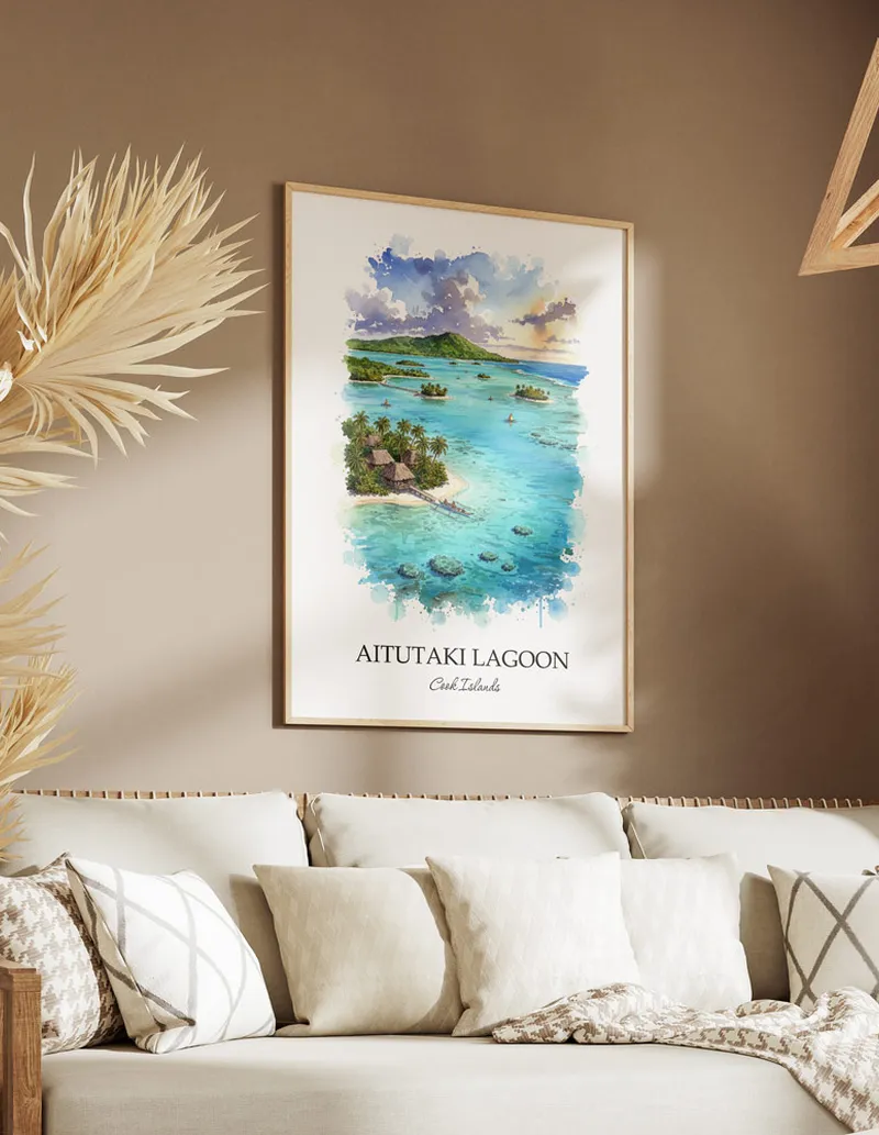 A lovely interior preview showcasing a vintage-vibe travel poster design of the scenic Aitutaki Lagoon in Cook Islands.