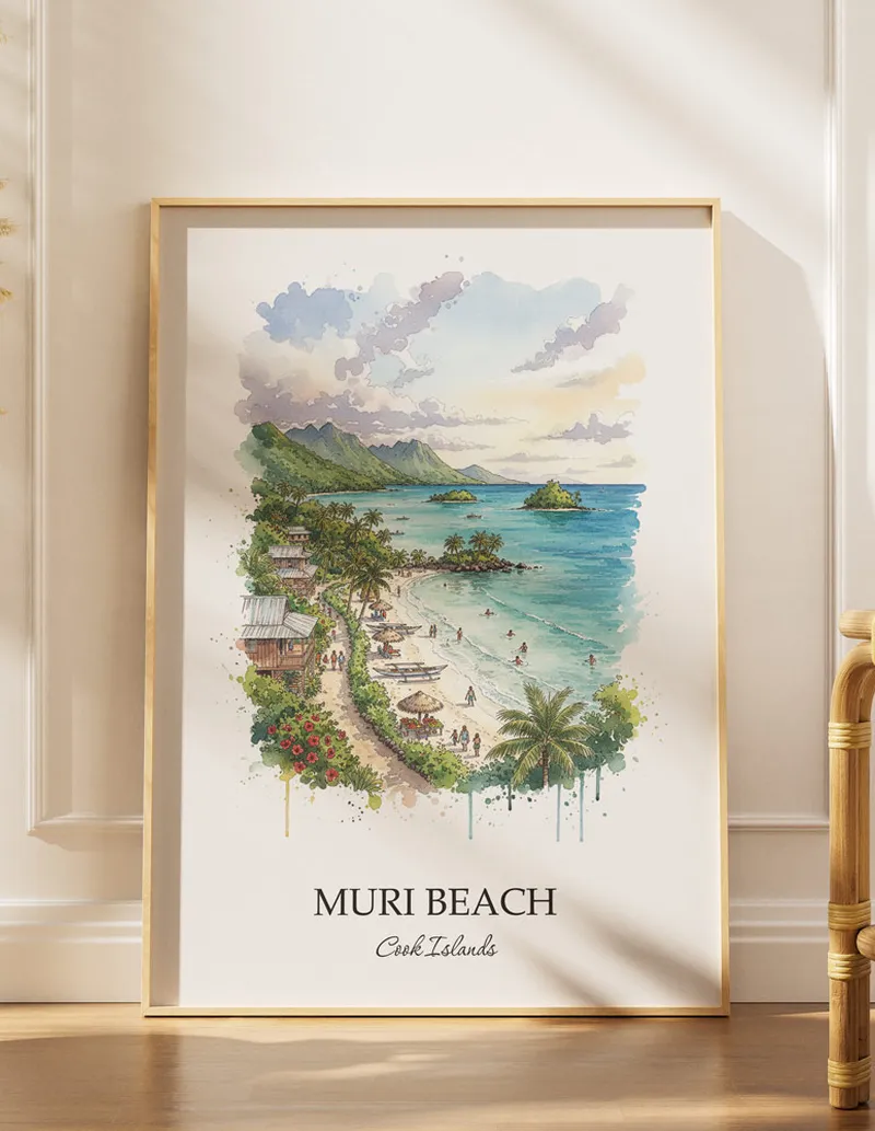 Cozy, well-lit workspace with a minimalist poster of Muri Beach, Cook Islands in a light frame sitting on the desk.