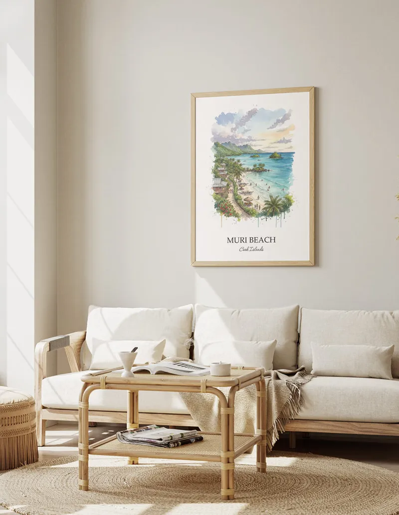 Minimalist poster of Muri Beach in Cook Islands in a light frame standing on the floor in a dark moody interior.