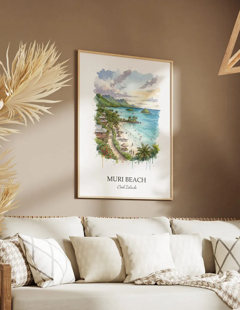 A lovely interior preview showcasing a vintage-vibe travel poster design of the scenic Muri Beach in Cook Islands.