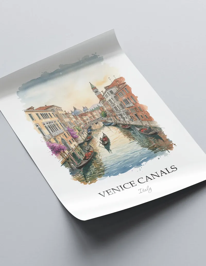 A close-up of a high-quality paper print featuring the Venice Canals in Italy minimalist design.