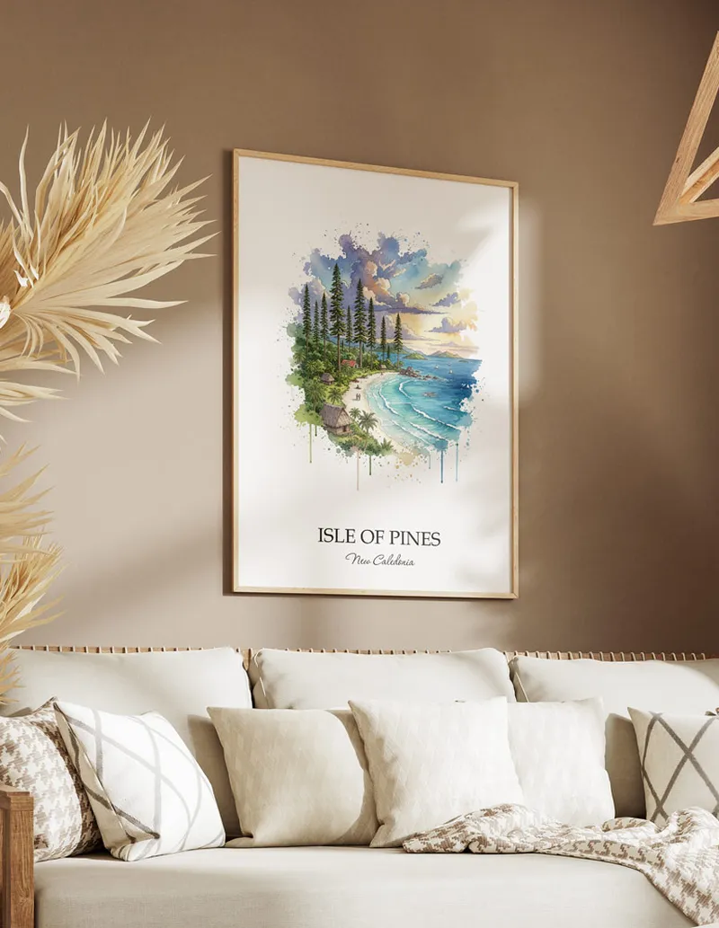 A lovely interior preview showcasing a vintage-vibe travel poster design of the scenic Isle of Pines in New Caledonia.