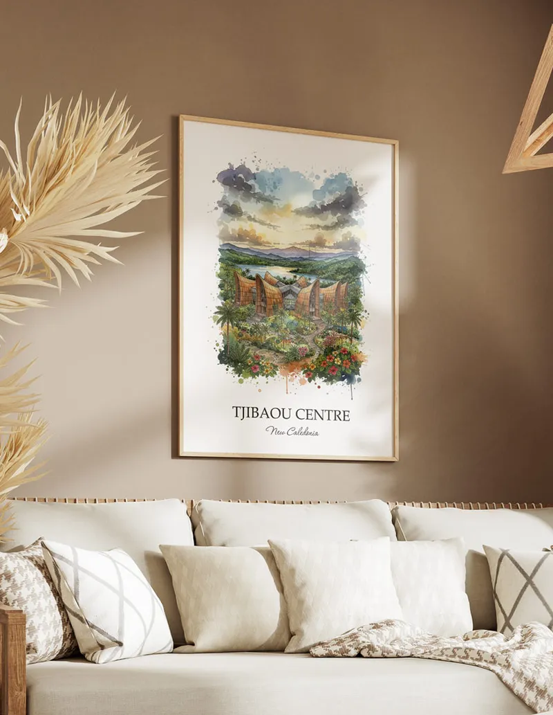 A lovely interior preview showcasing a vintage-vibe travel poster design of the scenic Tjibaou Centre in New Caledonia.
