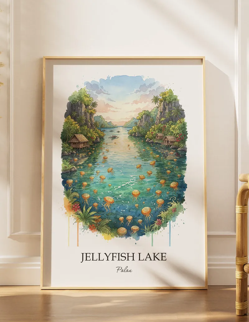Cozy, well-lit workspace with a minimalist poster of Jellyfish Lake, Palau in a light frame sitting on the desk.