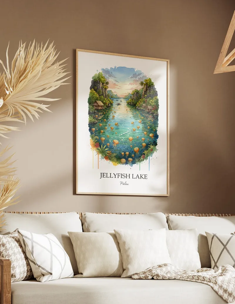 A lovely interior preview showcasing a vintage-vibe travel poster design of the scenic Jellyfish Lake in Palau.