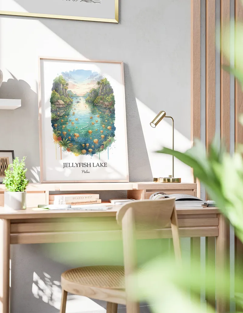 Framed wall art featuring Jellyfish Lake, Palau in a light wood frame hanging above a sofa in a modern living room.