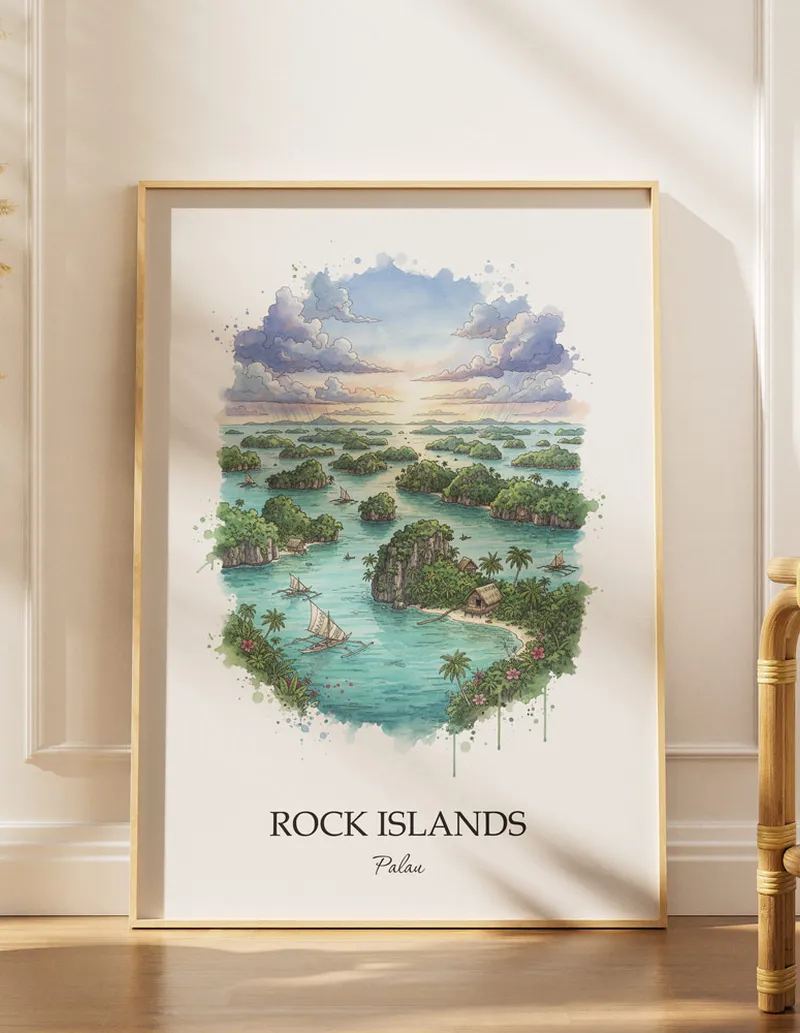 Cozy, well-lit workspace with a minimalist poster of Rock Islands, Palau in a light frame sitting on the desk.