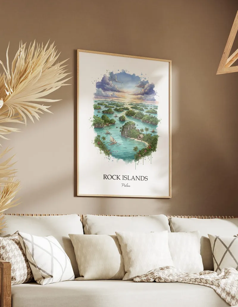 A lovely interior preview showcasing a vintage-vibe travel poster design of the scenic Rock Islands in Palau.