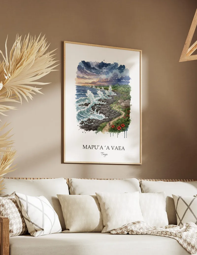 A lovely interior preview showcasing a vintage-vibe travel poster design of the scenic Mapu'a 'a Vaea in Tonga.