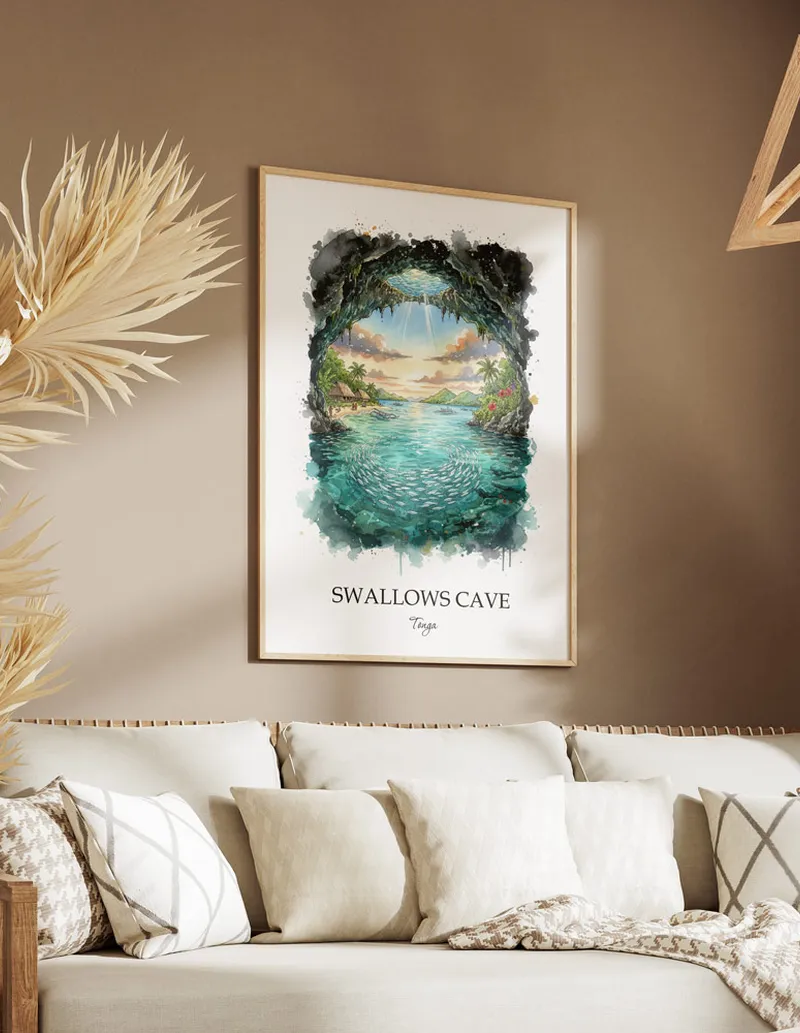 A lovely interior preview showcasing a vintage-vibe travel poster design of the scenic Swallows Cave in Tonga.