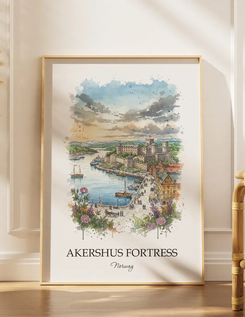 Framed wall art featuring Akershus Fortress in Norway in a light wood frame leaning on the floor.