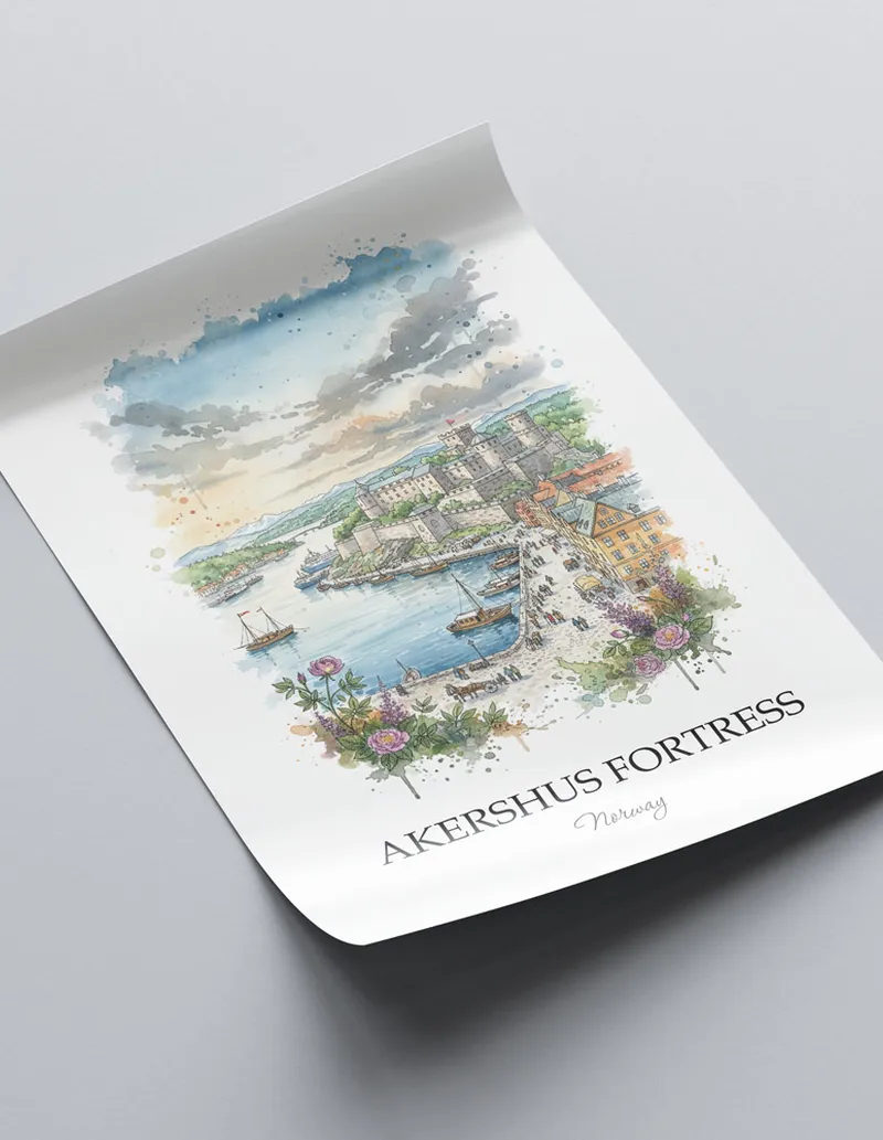 A close-up of a high-quality paper print featuring the Akershus Fortress in Norway minimalist design.