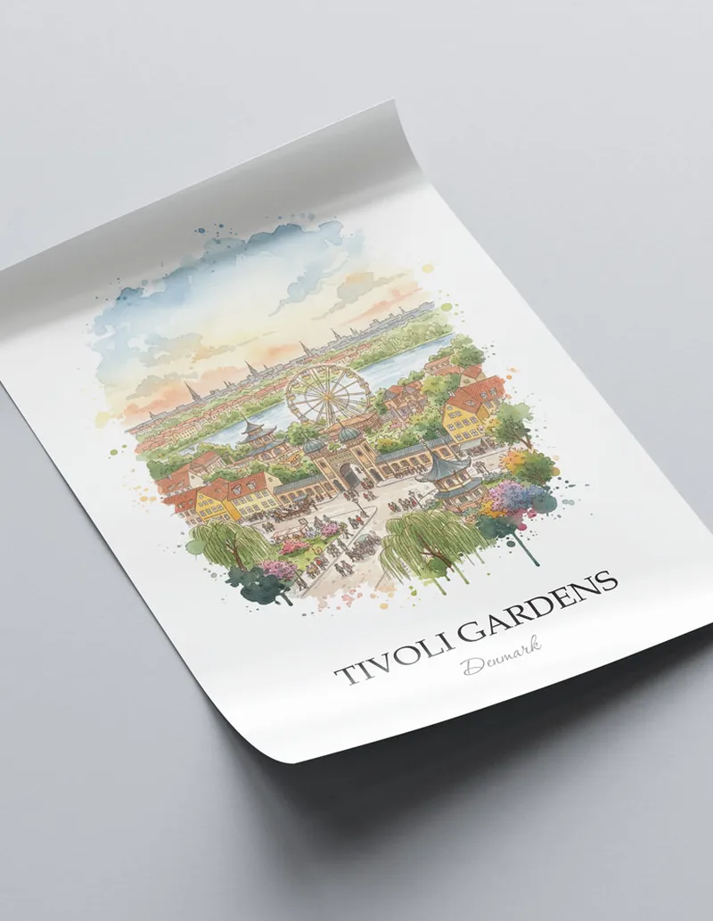 A close-up of a high-quality paper print featuring the Tivoli Gardens in Denmark minimalist design.