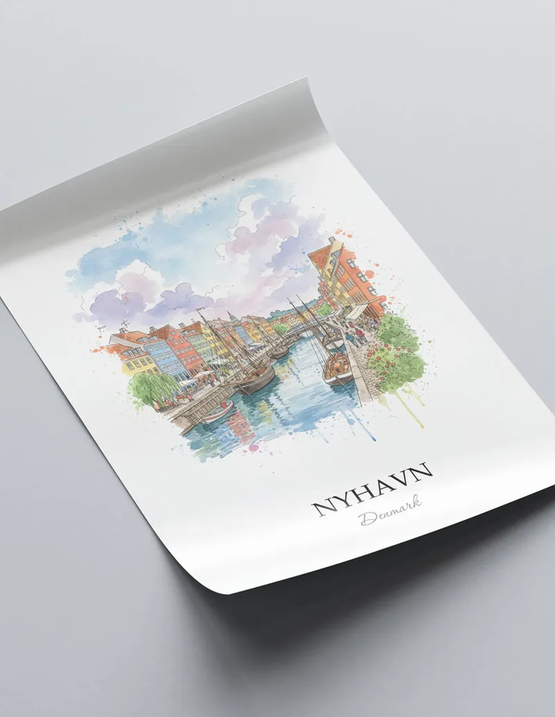 A close-up of a high-quality paper print featuring the Nyhavn in Denmark minimalist design.