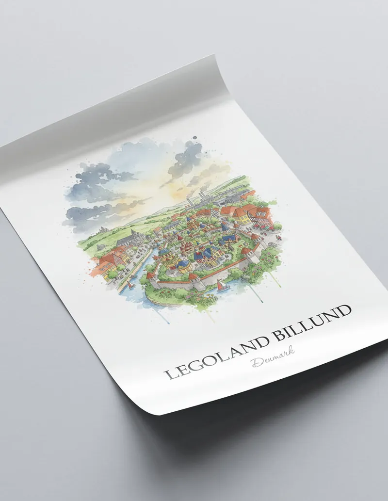A close-up of a high-quality paper print featuring the Legoland Billund in Denmark minimalist design.