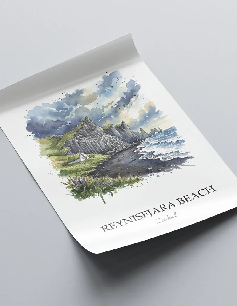A close-up of a high-quality paper print featuring the Reynisfjara Beach in Iceland minimalist design.
