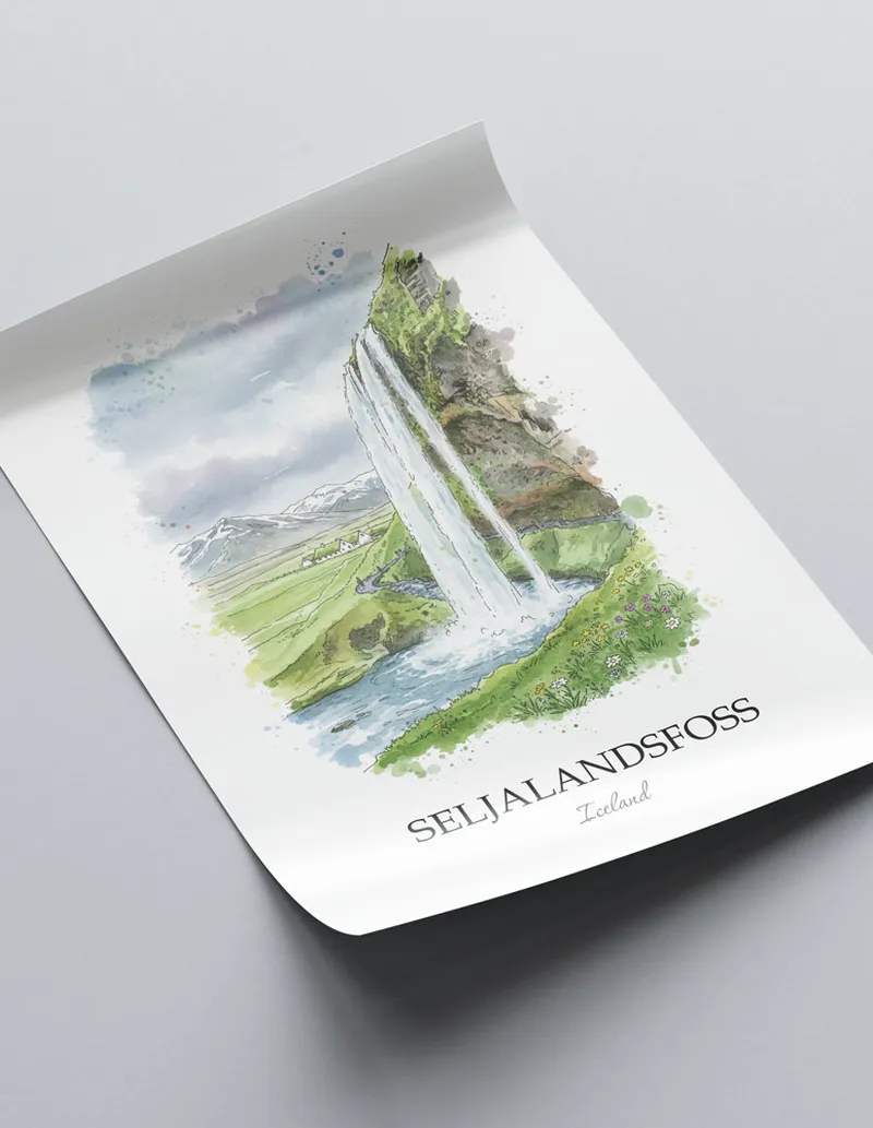A close-up of a high-quality paper print featuring the Seljalandsfoss in Iceland minimalist design.