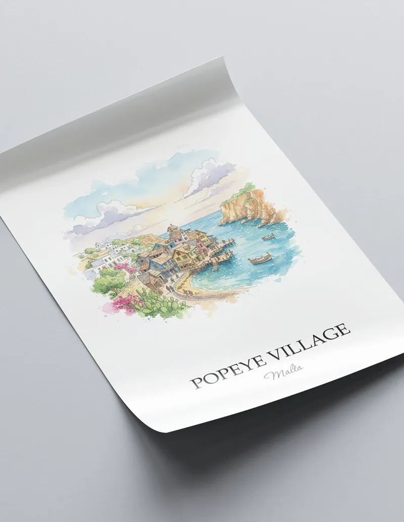 A close-up of a high-quality paper print featuring the Popeye Village in Malta minimalist design.