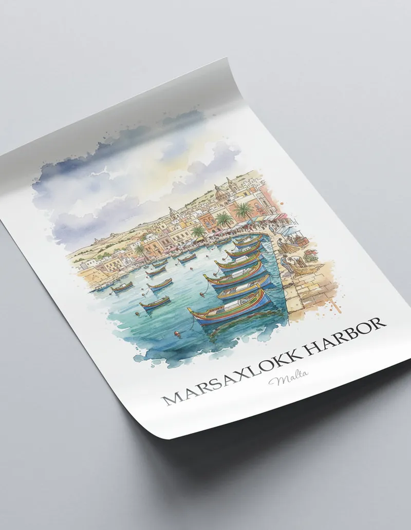 A close-up of a high-quality paper print featuring the Marsaxlokk Harbor in Malta minimalist design.