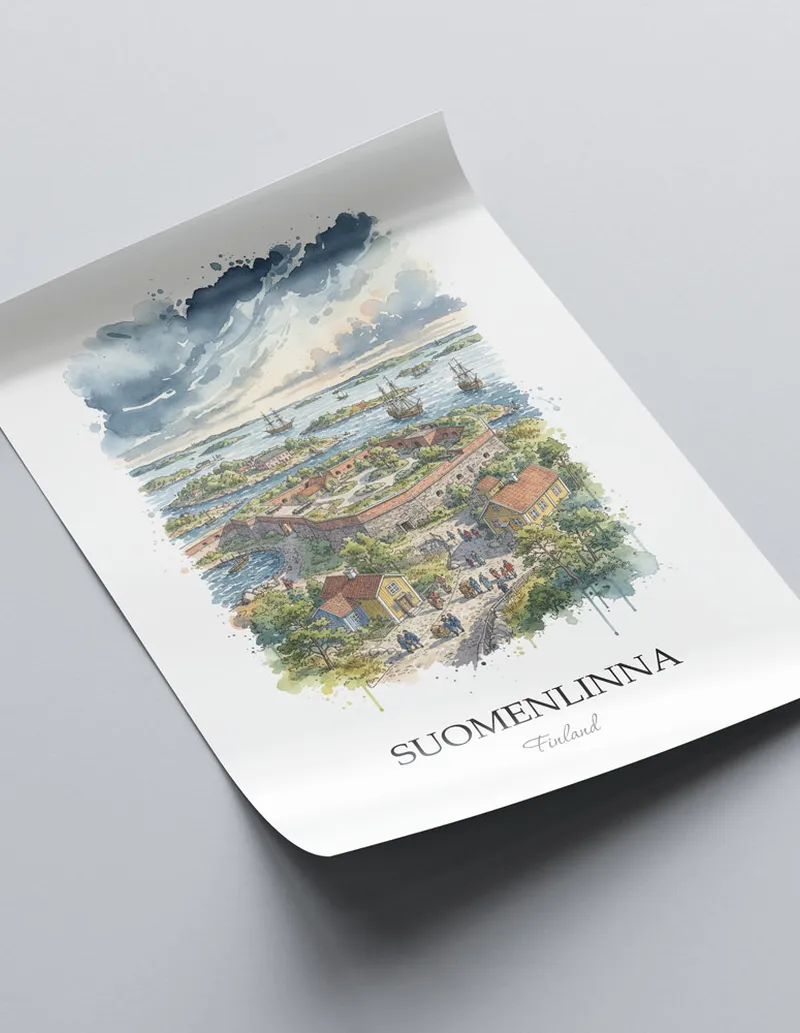 A close-up of a high-quality paper print featuring the Suomenlinna in Finland minimalist design.